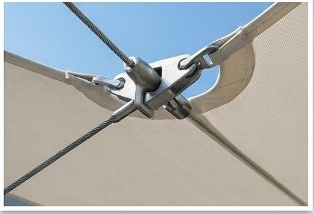 Close-up of tensile fabric cable tensioning hardware